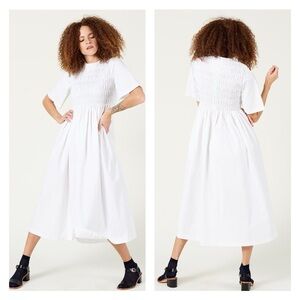 SANDY LIANG Dress White Smocked Poplin Midi A-Line Size XS Classic Cotton EUC
